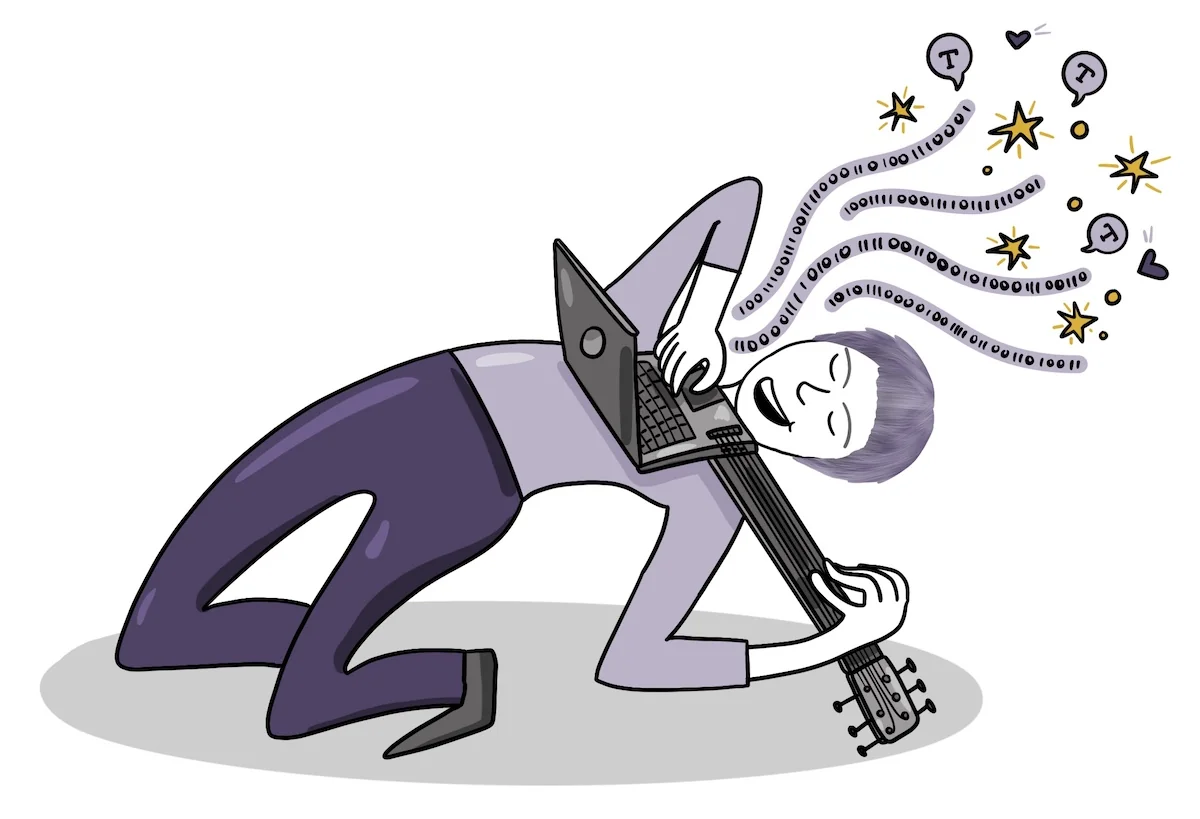Sketchnote: Daniela Krainčić spielt ihren Laptop wie eine E-Gitarre