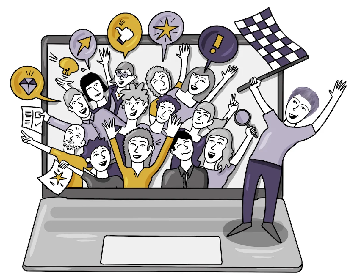 Sketchnote: Viele Menschen jubeln aus einem Laptop heraus